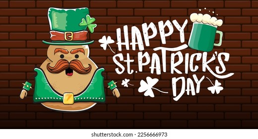 Happy saint patricks day greeting horizontal banner with funky leprechaun rock star potato character with green particks hat, beer and text isolated on brick background. vegetable funky character