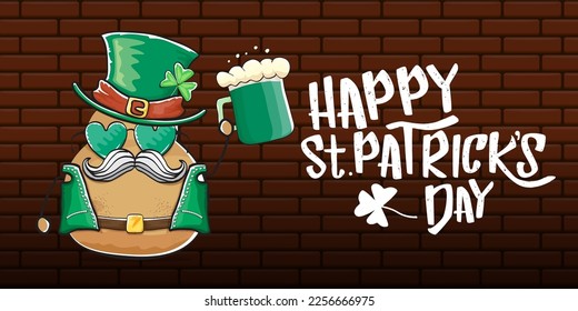 Happy saint patricks day greeting horizontal banner with funky leprechaun rock star potato character with green particks hat, beer and text isolated on brick background. vegetable funky character
