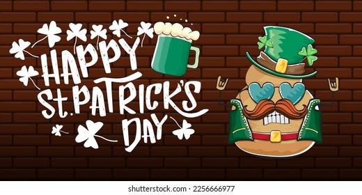 Happy saint patricks day greeting horizontal banner with funky leprechaun rock star potato character with green particks hat, beer and text isolated on brick background. vegetable funky character