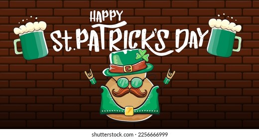 Happy saint patricks day greeting horizontal banner with funky leprechaun rock star potato character with green particks hat, beer and text isolated on brick background. vegetable funky character