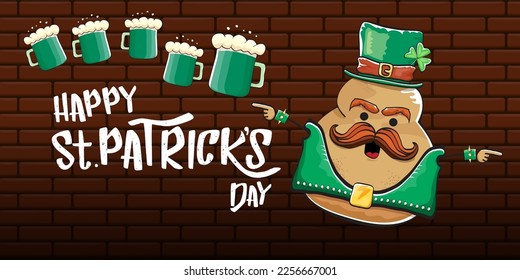 Happy saint patricks day greeting horizontal banner with funky leprechaun rock star potato character with green particks hat, beer and text isolated on brick background. vegetable funky character