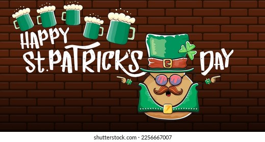 Happy saint patricks day greeting horizontal banner with funky leprechaun rock star potato character with green particks hat, beer and text isolated on brick background. vegetable funky character