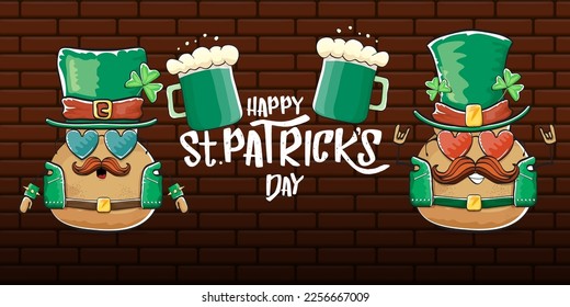 Happy saint patricks day greeting horizontal banner with funky leprechaun rock star potato character with green particks hat, beer and text isolated on brick background. vegetable funky character