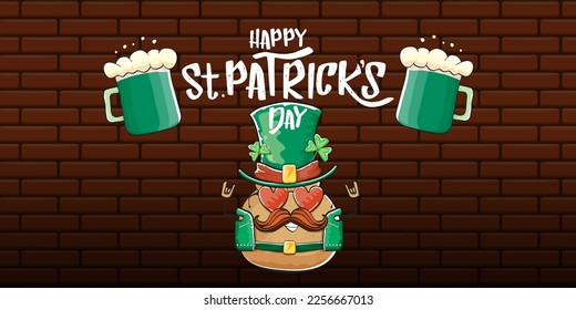 Happy saint patricks day greeting horizontal banner with funky leprechaun rock star potato character with green particks hat, beer and text isolated on brick background. vegetable funky character