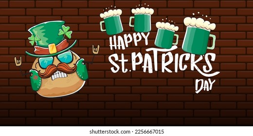 Happy saint patricks day greeting horizontal banner with funky leprechaun rock star potato character with green particks hat, beer and text isolated on brick background. vegetable funky character