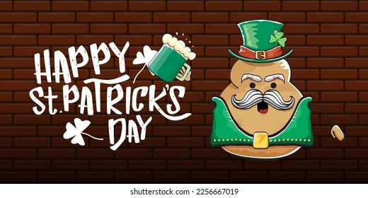 Happy saint patricks day greeting horizontal banner with funky leprechaun rock star potato character with green particks hat, beer and text isolated on brick background. vegetable funky character