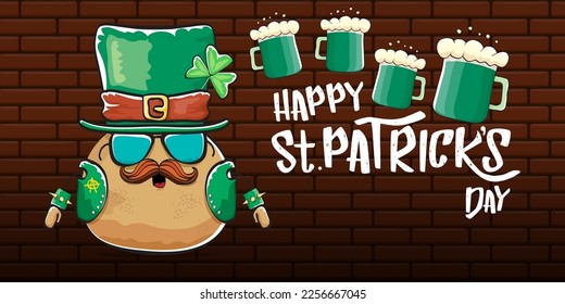 Happy saint patricks day greeting horizontal banner with funky leprechaun rock star potato character with green particks hat, beer and text isolated on brick background. vegetable funky character