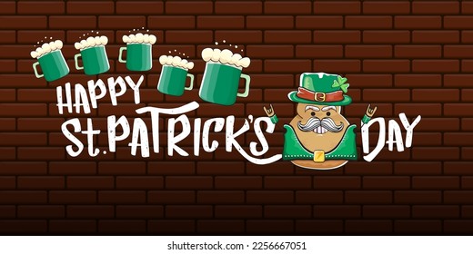 Happy saint patricks day greeting horizontal banner with funky leprechaun rock star potato character with green particks hat, beer and text isolated on brick background. vegetable funky character