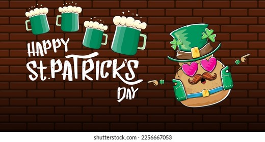 Happy saint patricks day greeting horizontal banner with funky leprechaun rock star potato character with green particks hat, beer and text isolated on brick background. vegetable funky character