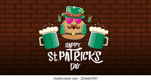 Happy saint patricks day greeting horizontal banner with funky leprechaun rock star potato character with green particks hat, beer and text isolated on brick background. vegetable funky character