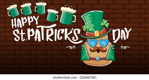 Happy saint patricks day greeting horizontal banner with funky leprechaun rock star potato character with green particks hat, beer and text isolated on brick background. vegetable funky character