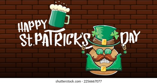 Happy saint patricks day greeting horizontal banner with funky leprechaun rock star potato character with green particks hat, beer and text isolated on brick background. vegetable funky character