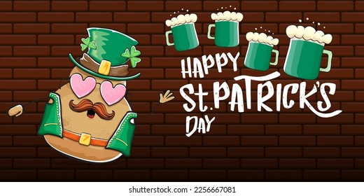 Happy saint patricks day greeting horizontal banner with funky leprechaun rock star potato character with green particks hat, beer and text isolated on brick background. vegetable funky character