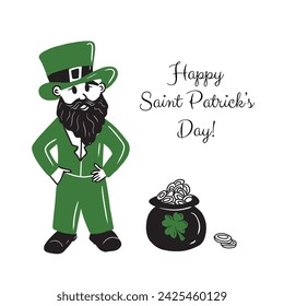 Happy Saint Patrick's day greeting card. Leprechaun in green suit and hat standing close to the black cauldron with golden coins. Hand drawn vector sketch doodle illustration. Wealth, luck, 17 march