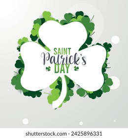 Happy Saint Patricks Day Greeting Card Design with the green clovers leaf. 17th of March celebration background. Vector Illustration.