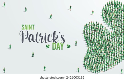 Feliz Día de San Patricio Diseño de Tarjeta de Felicitación. Un gran grupo de personas se forma para crear hojas de tréboles verdes. 17 de Marzo, fondo de celebración. Ilustración vectorial.