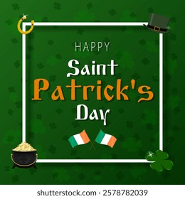 Happy Saint Patrick's Day greeting card with pot of gold, leprechaun green hat and golden horseshoes. Background for St. Patrick's Day. Vector illustration.