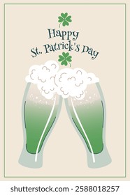 Happy Saint Patrick's Day greeting card with two toasting mugs full of green beer, lucky clover leaves, lettering. St. Patrick Irish holiday party invitation, banner, poster. Flat vector illustration.