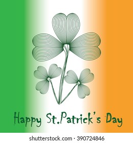 Happy Saint Patrick's Day greeting card, Irish flag in the background. St. Patrick's Day greeting illustration. Clover illustrations on Irish flag background. Vector illustration EPS 10.