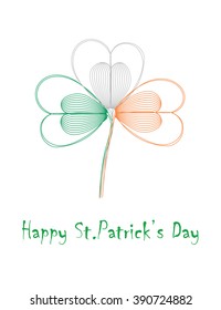 Happy Saint Patrick's Day greeting card on white background. Petals clover painted in the colors of the Irish flag. St. Patrick's Day greeting illustration. Vector illustration.