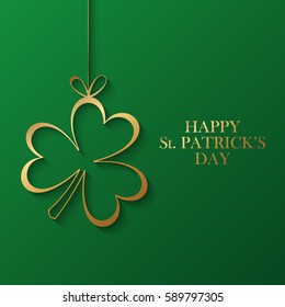 Happy Saint Patrick's Day greeting card with golden shamrock on green background. Vector illustration.