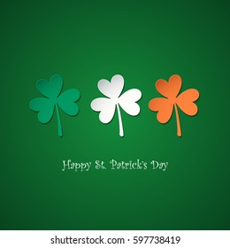 Happy Saint Patrick's Day greeting card with lucky clovers in colors of the irish national flag. Vector illustration.