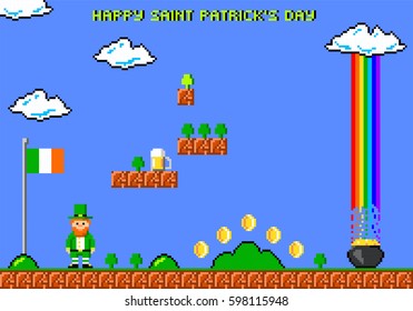 Happy saint Patrick's day greeting card. Leprechaun in style of eight-bit game. Inscription of  Happy saint Patricks day.  Vector illustration 