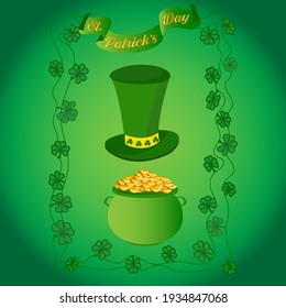 Happy Saint Patrick's Day greetings template with hat, pot of gold coins, clover on green background for poster, banner