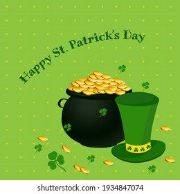 
Happy Saint Patrick's Day greetings template with hat, black pot of gold coins, clover on green polka pattern background for poster, banner