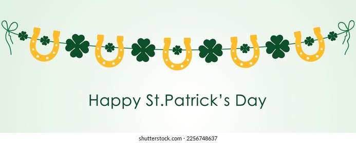 happy saint patrick's day greetings card with cloverleaf and horseshoe garland, march 17, horizontal vector illustration