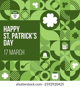 Happy Saint Patricks Day Greetings Design. 17 March St. Patrick's day vector design with green clovers leaf. 17th of March celebration background. Vector Illustration.