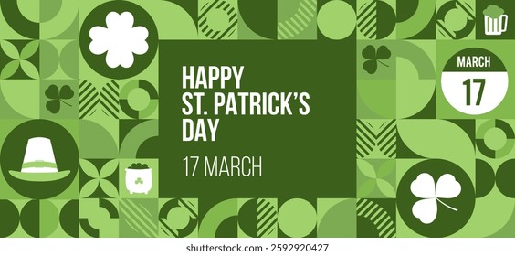 Happy Saint Patricks Day Greetings Design. 17 March St. Patrick's day vector design with green clovers leaf. 17th of March celebration background. Vector Illustration.