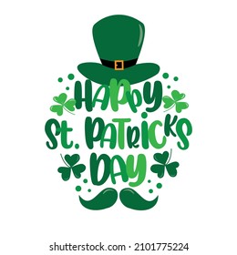 Feliz Día de San Patricio - Texto escrito a mano, con sombrero y bigote, hoja de trébol. Es bueno para la tarjeta de saludo, el afiche, el banner, la etiqueta, la impresión textil.