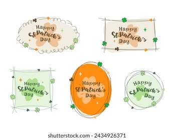 Happy Saint Patrick's Day Hand Drawn greeting elements. Frames isolated on white background. Vector Set, editable stroke