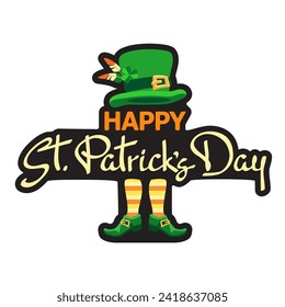 Happy Saint Patrick's Day. Hand-drawn lettering on a white background. Festive composition of letters, leprechaun hat, shoes, and clover. Spring holiday March 17 Saint Patrick. Vector illustration.