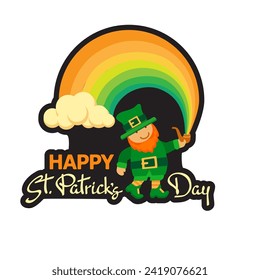 Happy Saint Patrick's Day. Hand-drawn lettering. Festive composition with cute leprechaun, pipe, and rainbow. Spring holiday March 17 Saint Patrick. Vector illustration.