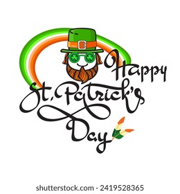 Happy Saint Patricks Day. Hand-drawn lettering. Festive composition with cute leprechaun, and rainbow. Spring holiday March 17 Saint Patrick. Vector illustration.