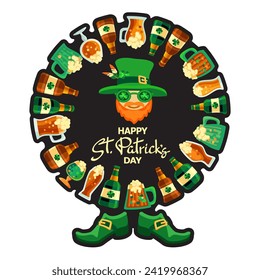 Happy Saint Patricks Day. Hand-drawn lettering. Festive composition with a cute leprechaun, shoes, and beer on white background. Spring holiday March 17 Saint Patrick. Sticker. Vector illustration