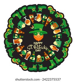 Happy Saint Patricks Day. Hand-drawn lettering. Festive composition with a cute leprechaun, shoes, and beer on black background. Spring holiday March 17 Saint Patrick. Sticker. Vector illustration