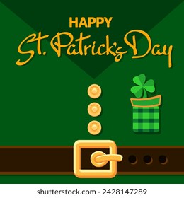 Happy Saint Patrick's Day. Hand-drawn lettering and leprechaun costume fragments.  Festive composition isolated on a green.  Spring holiday March 17 Saint Patrick. Vector illustration.