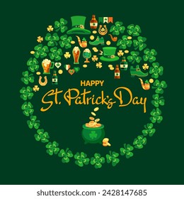 Happy Saint Patrick's Day. Hand-drawn lettering, leprechaun hat, shoes, coins, and clover isolated on green. Festive composition circle shape. Spring holiday March 17 Saint Patrick. Vector.