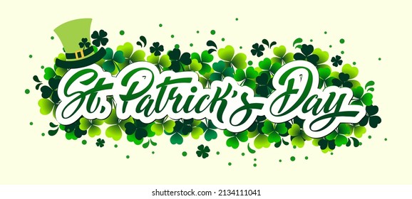 Happy Saint Patricks day handwritten lettering typography. Hand drawn design elements. Logos and emblems for invitation, card.
