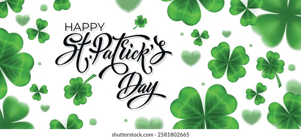 Happy Saint Patrick's day handwritten lettering typography. Hand drawn design elements. Logos and emblems for invitation, card. Vector illustration.