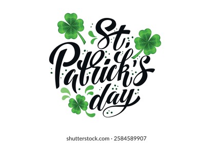 Happy Saint Patrick's day handwritten lettering typography. Hand drawn design elements. Logos and emblems for invitation, card. Vector illustration.