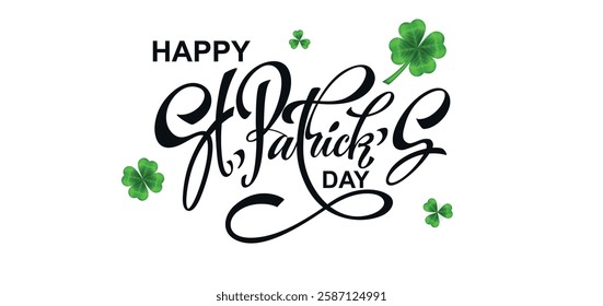 Happy Saint Patrick's day handwritten lettering typography. Hand drawn design elements. Logos and emblems for invitation, card. Vector illustration.