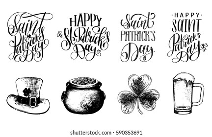 Happy Saint Patrick's Day handwritten lettering and symbols sketches set. Irish holiday calligraphy collection on white background for greeting or invitation cards, festive tags, posters etc.