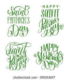 Happy Saint Patrick's Day handwritten lettering set. Irish holiday calligraphy collection on white background for greeting or invitation cards, festive tags, posters etc.