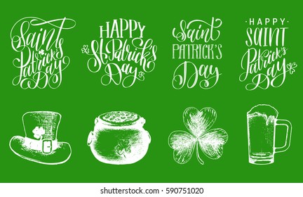 Happy Saint Patrick's Day handwritten lettering and symbols sketches set. Irish holiday green calligraphy collection on green background for greeting or invitation cards, festive tags, posters etc.