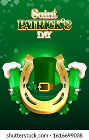 Happy Saint Patrick's day. Hat, Gold Horse shoe and Beer Vector illustration