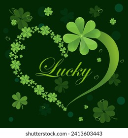 Happy Saint Patricks Day heart style card design with clever leaves with text - Lucky. Irish celebration brochure. Beer festival flyer. St. Patricks badge border design in green style